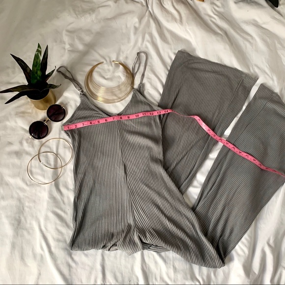Pants - Grey romper jumpsuit ribbed long pants flowy